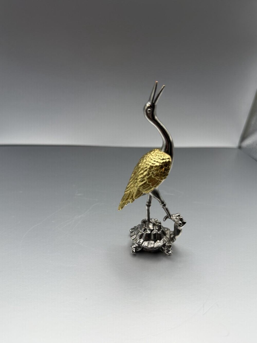 Crane Turtle Figurine Gold Silver Tone Metal Asian Decor Sculpture